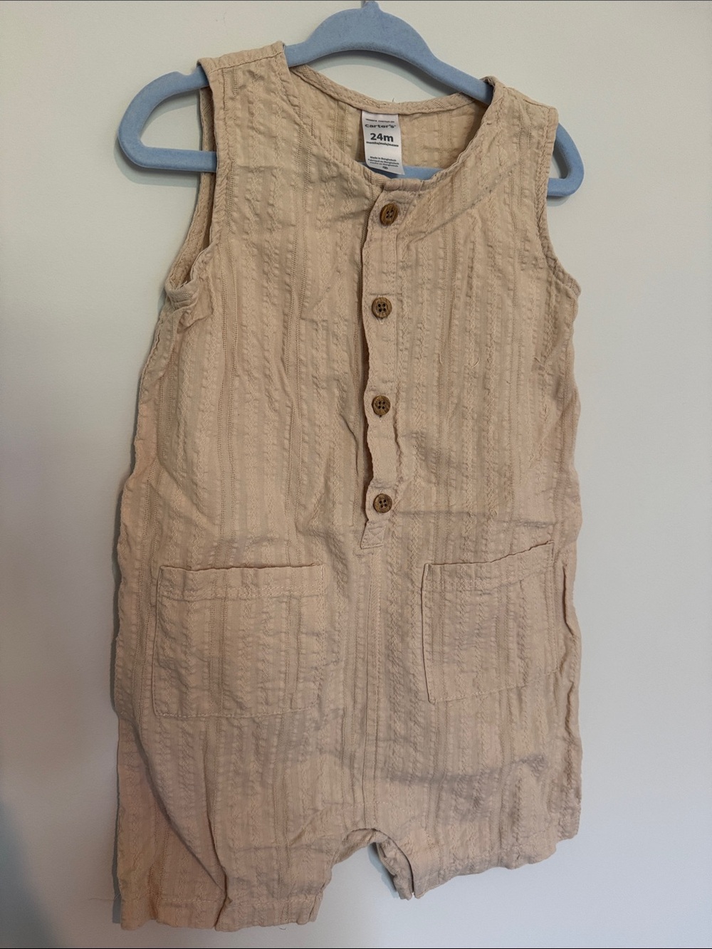 Carters Neutral Beige Textured Sleeveless Romper Dress for Kids - 24M